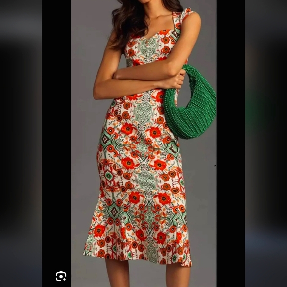 NWOT ANTHROPOLGIE Cecily Orange  Floral Fit Flare Midi Length Dress Medium - Picture 1 of 9